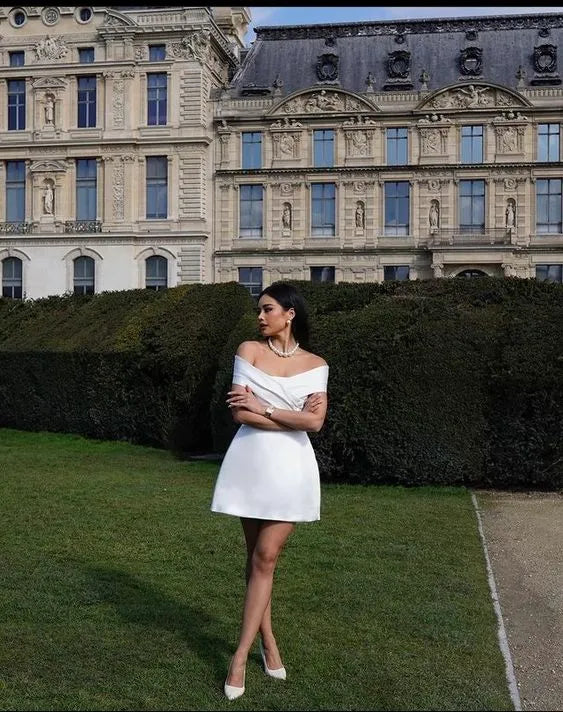 Simple A-Line Off Shoulder Sleeveless Pleated Satin Short-Mini Homecoming Dress