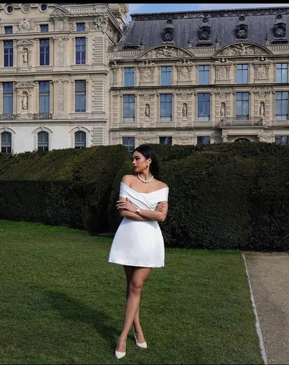 Simple A-Line Off Shoulder Sleeveless Pleated Satin Short-Mini Homecoming Dress