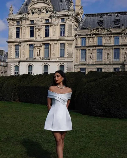 Simple A-Line Off Shoulder Sleeveless Pleated Satin Short-Mini Homecoming Dress