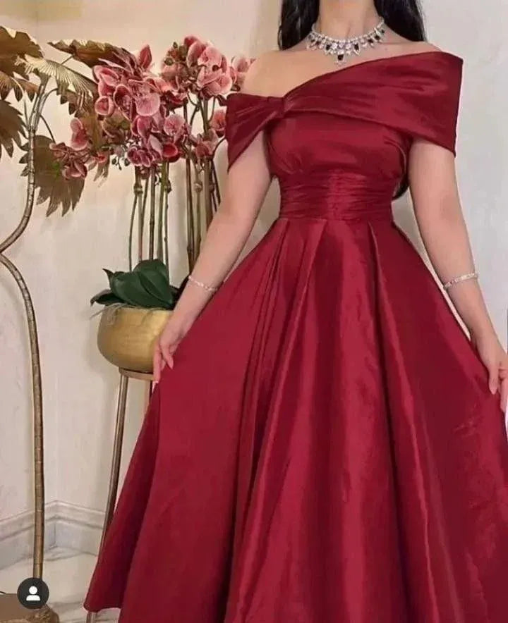 Simple A-Line Off Sleeves Sleeveless Pleated Satin Ankle-Length Prom Dress