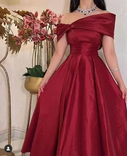 Simple A-Line Off Sleeves Sleeveless Pleated Satin Ankle-Length Prom Dress