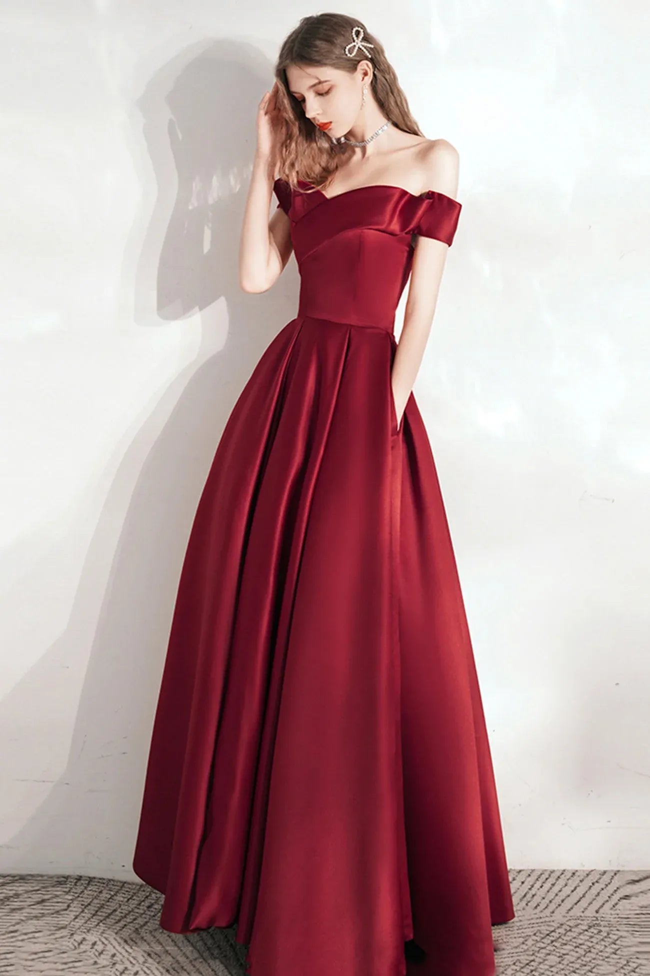 Simple A-Line Off the Shoulder Sleeveless Lace Up Floor-Length Prom Dress