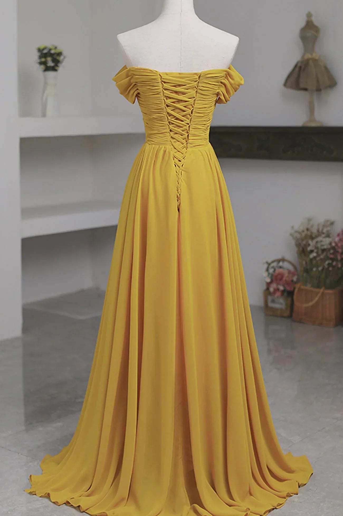 Simple A-Line Off the Shoulder Sleeveless Lace Up Sweep/Brush Train Prom Dress