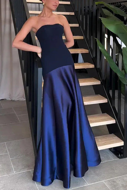 Simple A-Line Off the Shoulder Sleeveless Satin Solid Color Floor-Length Evening Dress
