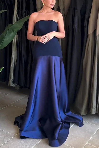 Simple A-Line Off the Shoulder Sleeveless Satin Solid Color Floor-Length Evening Dress