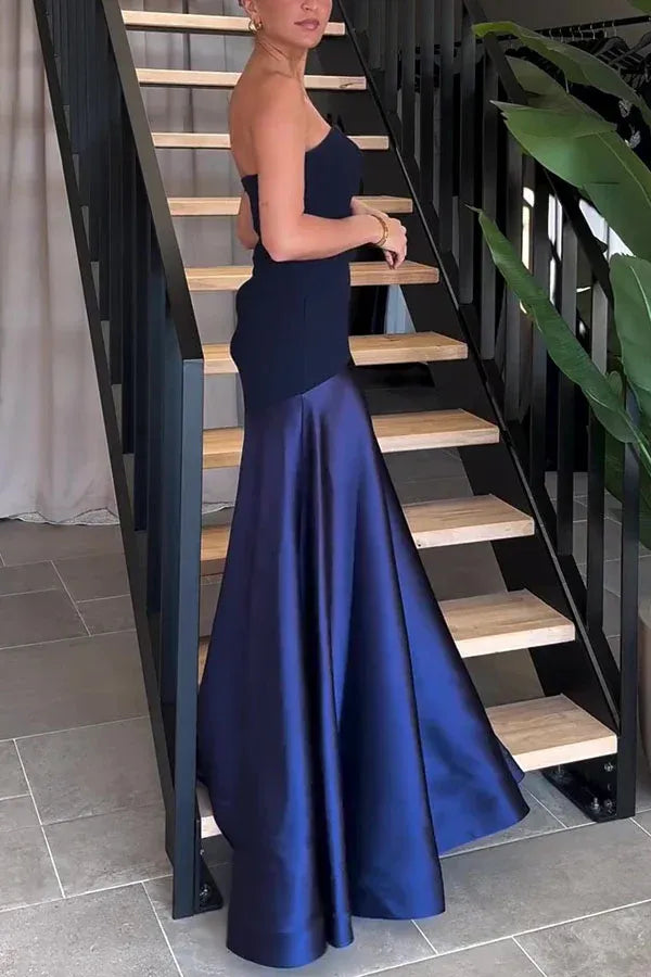 Simple A-Line Off the Shoulder Sleeveless Satin Solid Color Floor-Length Evening Dress