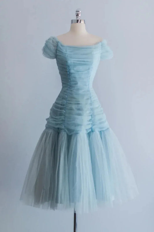 Simple A-Line Off the Shoulder Sleeveless Tulle Tea-Length Lace Up Prom Dress