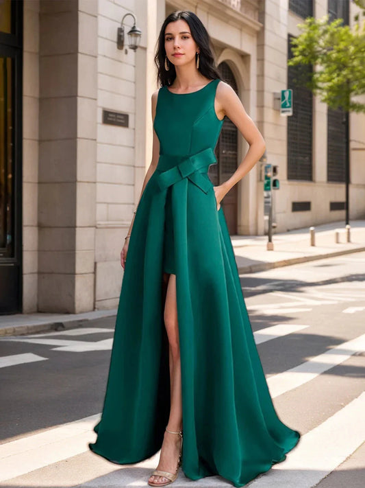 Simple A-Line Scoop Sleeveless Back Zip SweepBrush Train Side Slit Mother of the Bride Dress for women