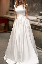 Simple A-Line Scoop Sleeveless Sleeveless Back Zip Chapel Train prom dress for ladies