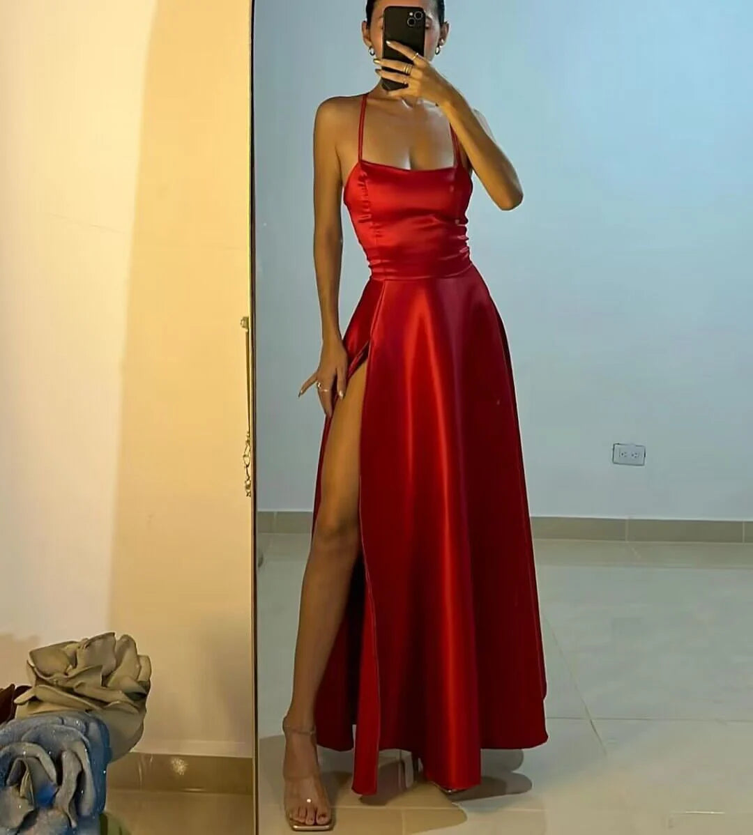 Simple A-Line Spaghetti Straps Sleeveless Lace Up Floor-Length Prom Dress