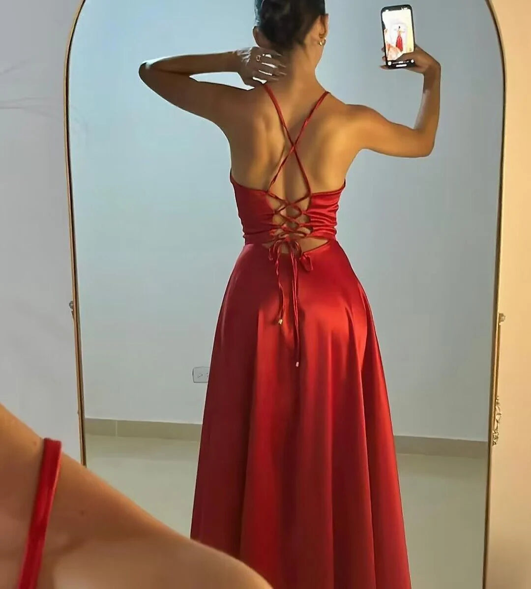 Simple A-Line Spaghetti Straps Sleeveless Lace Up Floor-Length Prom Dress