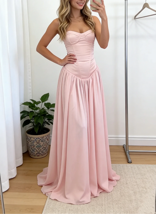 Simple A-Line Spaghetti Straps Sleeveless Pleated Satin Floor-Length Prom Dress