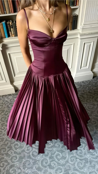 Simple A-Line Spaghetti Straps Sleeveless Satin Ankle-Length Prom Dress