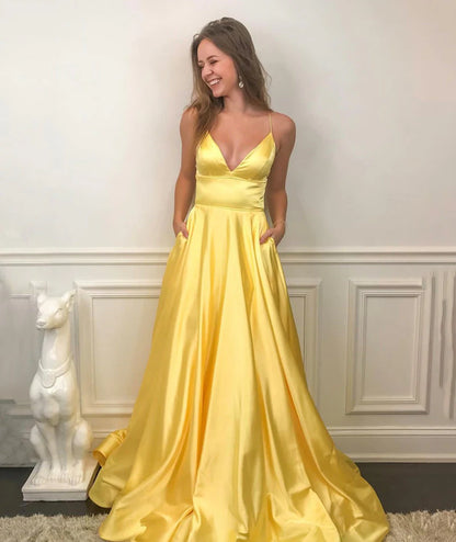 Simple A-Line Spaghetti Straps Sleeveless Satin  Backless Sweep/Brush Train Prom Dress
