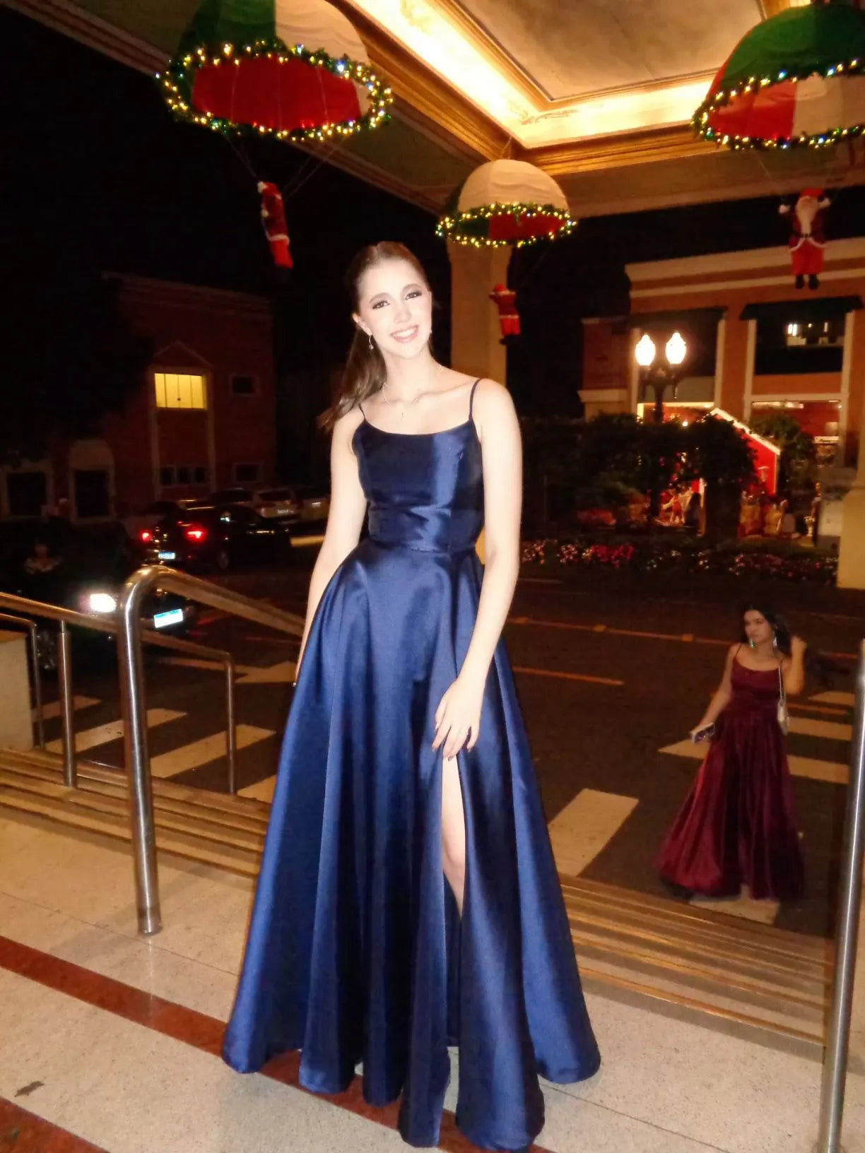Simple A-Line Spaghetti Straps Sleeveless Satin Slit Floor-Length Prom Dress