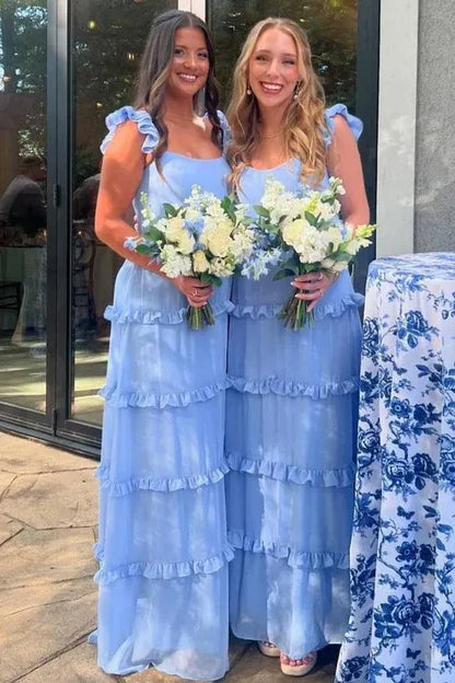 Simple A-Line Square Neck Sleeveless Chiffon Ruffles Floor-Length  Bridesmaid Dress