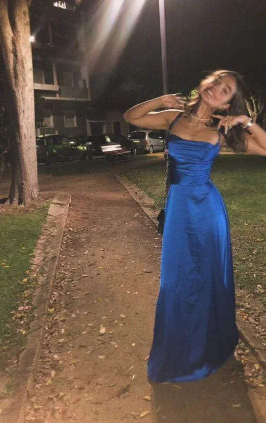 Simple A-Line Square Neck Sleeveless Pleated Satin Floor-Length Prom Dress