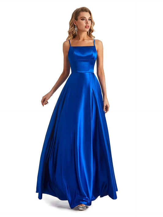 Simple A-Line Straight Sleeveless Back Zip Floor-Length Side Slit prom dress for women