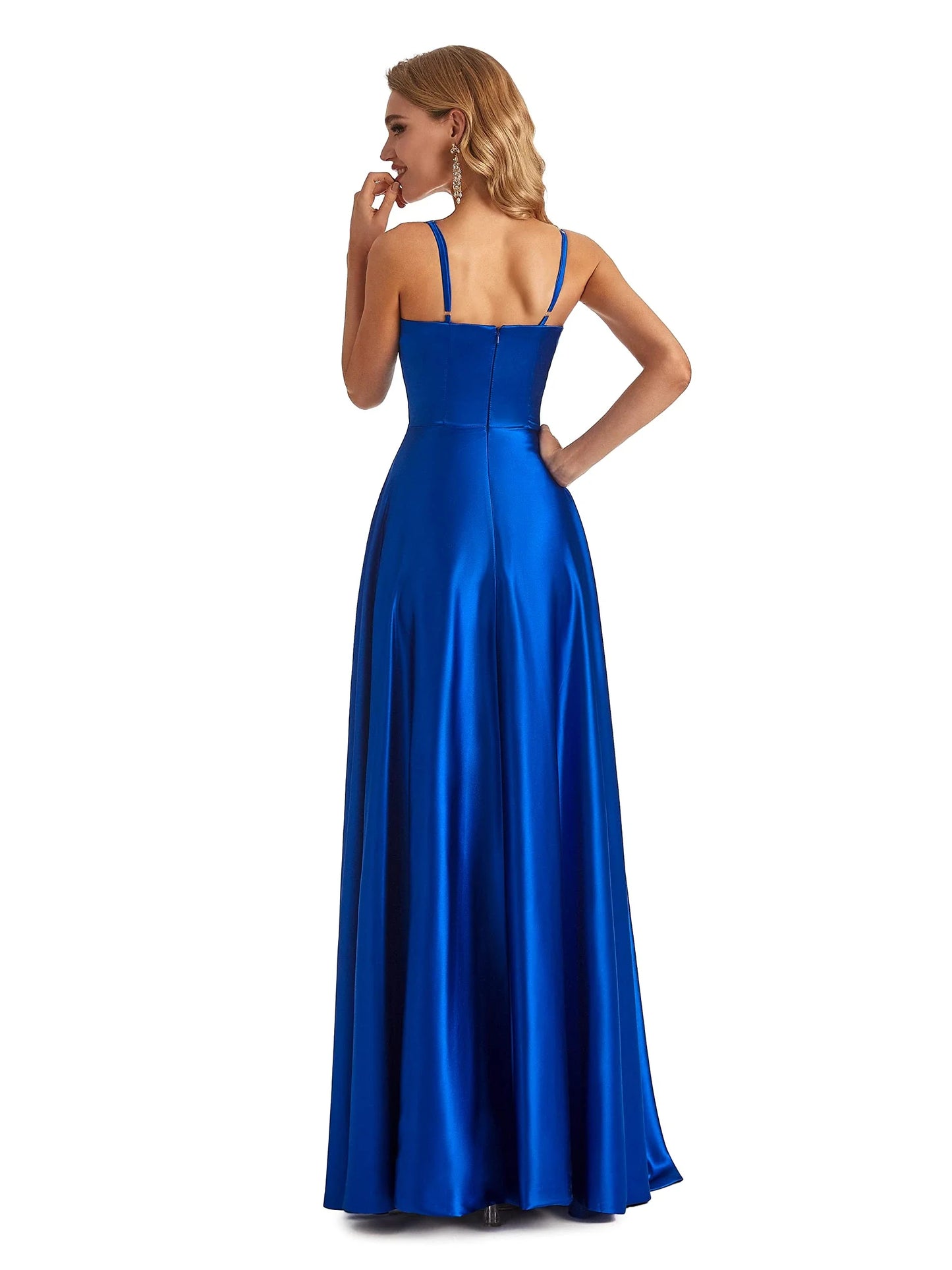 Simple A-Line Straight Sleeveless Back Zip Floor-Length Side Slit prom dress for women
