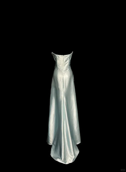 Simple A-Line Strapless Sleeveless Backless Satin Floor-Length Prom Dress