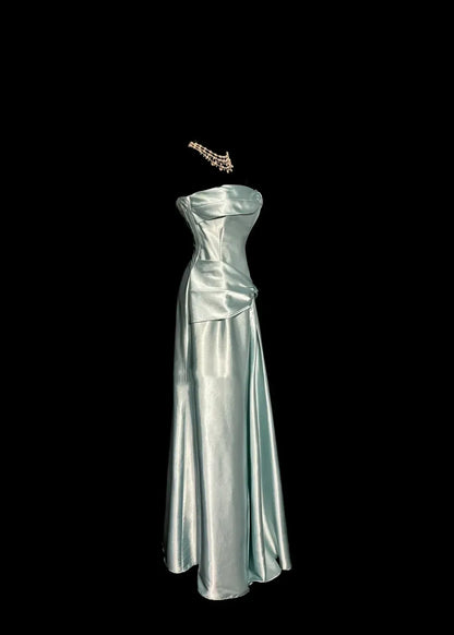 Simple A-Line Strapless Sleeveless Backless Satin Floor-Length Prom Dress