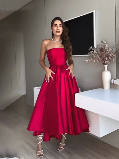 Simple A-Line Strapless Sleeveless Lace Up Ankle-Length Prom Dress
