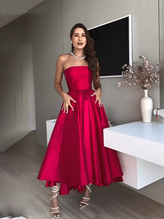 Simple A-Line Strapless Sleeveless Lace Up Ankle-Length Prom Dress