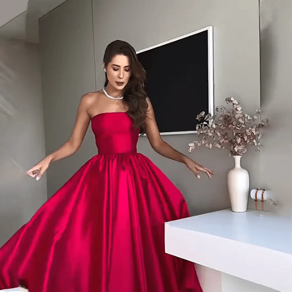 Simple A-Line Strapless Sleeveless Lace Up Ankle-Length Prom Dress