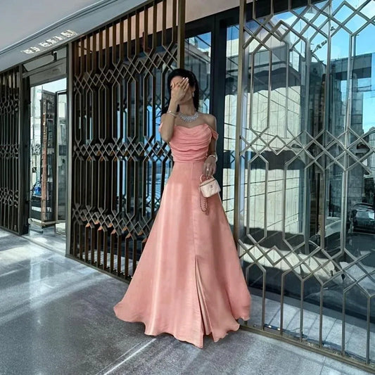 Simple A-Line Strapless Sleeveless Satin Pleated Floor-Length Prom Dress