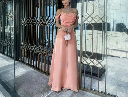Simple A-Line Strapless Sleeveless Satin Pleated Floor-Length Prom Dress