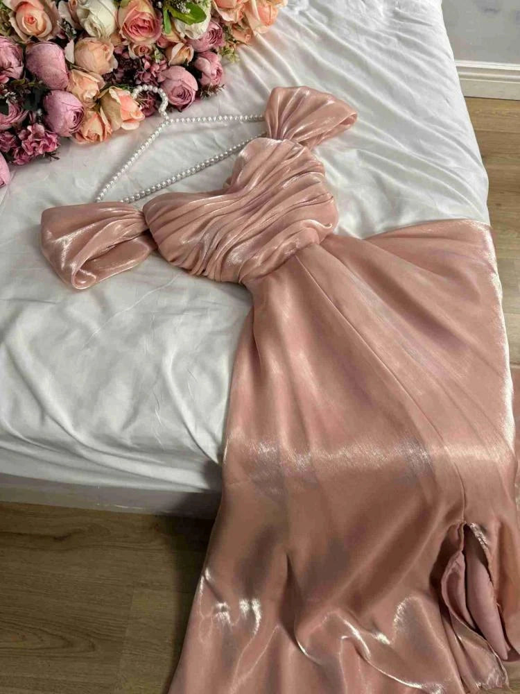 Simple A-Line Strapless Sleeveless Satin Pleated Floor-Length Prom Dress