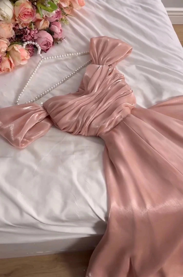 Simple A-Line Strapless Sleeveless Satin Pleated Floor-Length Prom Dress