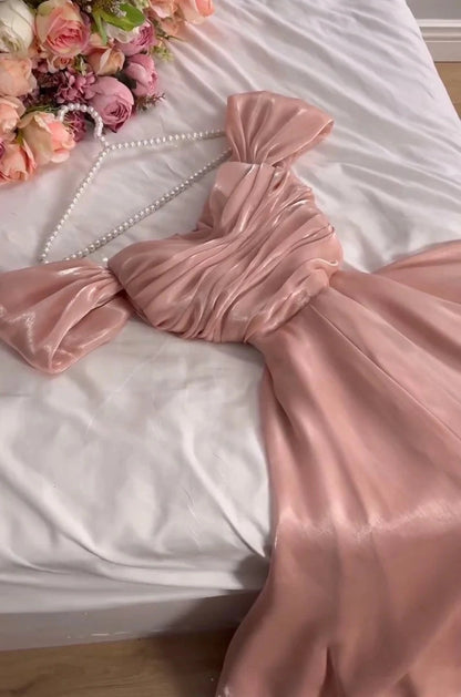 Simple A-Line Strapless Sleeveless Satin Pleated Floor-Length Prom Dress