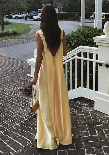 Simple A-Line V-neck Sleeveless Satin Pleated Floor-Length Prom Dress