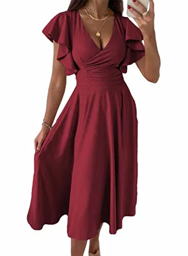 Simple A-Line V Neck Cap Sleeve Back Zip Tea-Length prom dress for women
