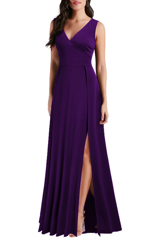 Simple A-Line V Neck Sleeveless Back Zip Floor-Length Side Slit prom dress for women
