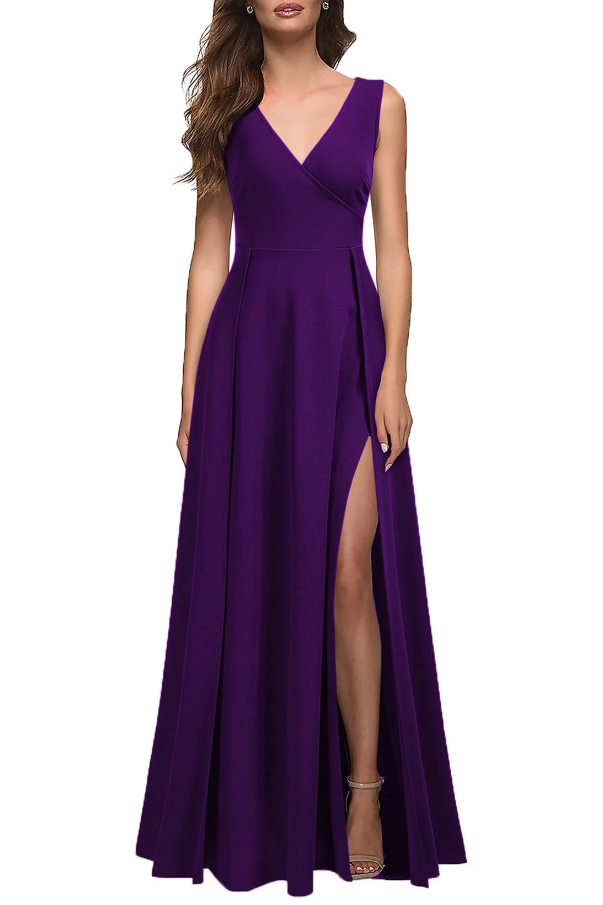 Simple A-Line V Neck Sleeveless Back Zip Floor-Length Side Slit prom dress for women