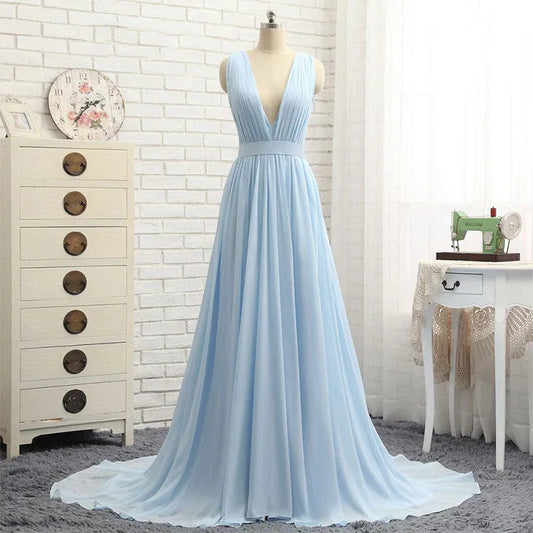 Simple A-Line V Neck Sleeveless Chiffon Sweep/Brush Train Prom Dress