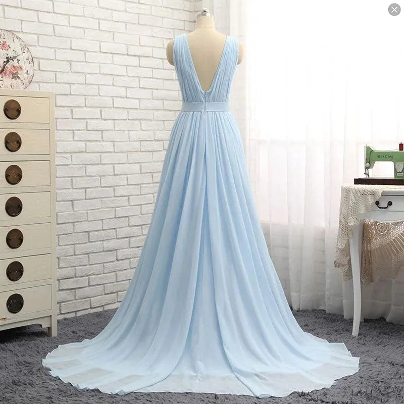 Simple A-Line V Neck Sleeveless Chiffon Sweep/Brush Train Prom Dress