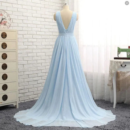 Simple A-Line V Neck Sleeveless Chiffon Sweep/Brush Train Prom Dress