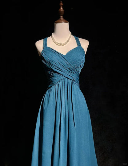 Simple A-Line V Neck Sleeveless Pleated Chiffon Floor-Length Prom Dress