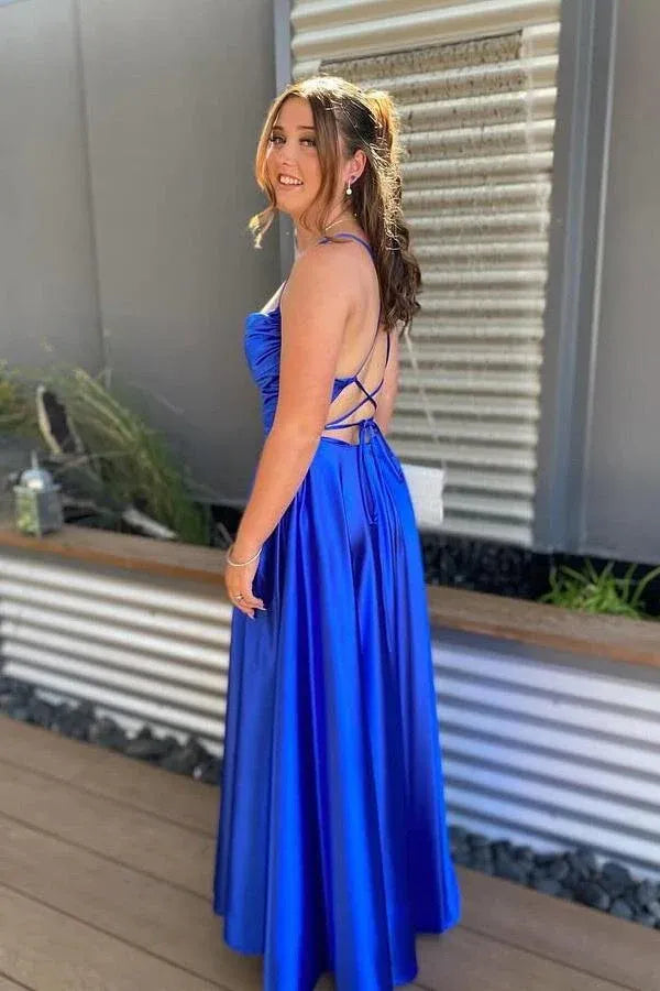 Simple A-line Cowl Neck Sleeveless Ruched Satin Floor-Length Prom Dress