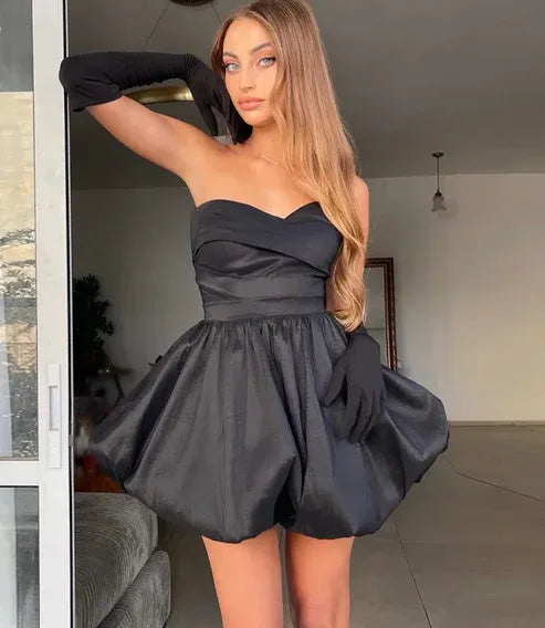 Simple A-line Off the Shoulder Sleeveless Pleated Satin Short-Mini Homecoming Dress