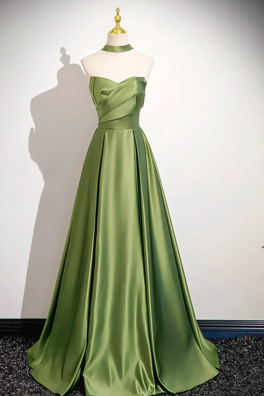 Simple A-line Strapless Sleeveless Ruched Satin Floor-Length Prom Dress