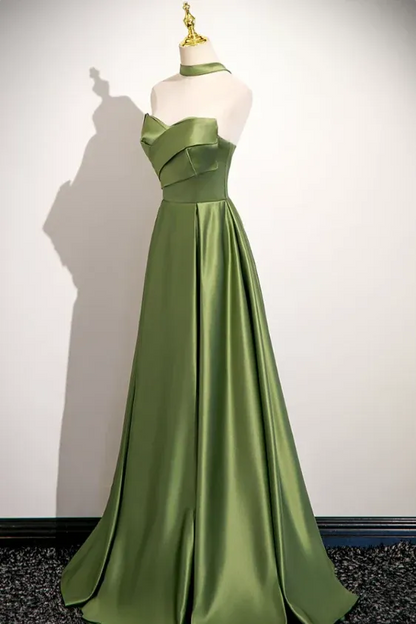 Simple A-line Strapless Sleeveless Ruched Satin Floor-Length Prom Dress