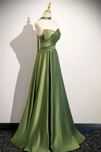 Simple A-line Strapless Sleeveless Ruched Satin Floor-Length Prom Dress