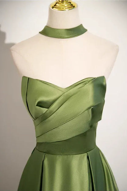 Simple A-line Strapless Sleeveless Ruched Satin Floor-Length Prom Dress