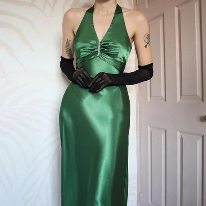 Simple A-line V Neck Sleeveless Ruched Satin Floor-Length Prom Dress