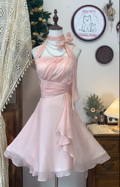 Simple A Line Halter Sleeveless Backless Short Prom Dresses