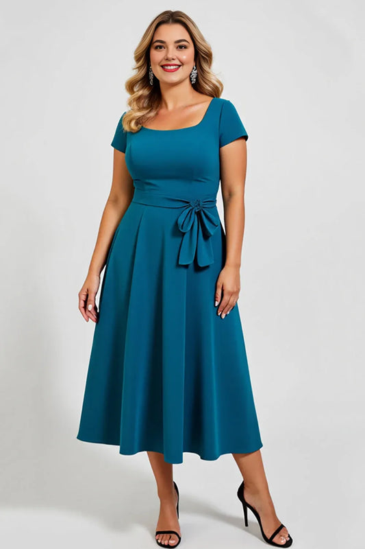 Simple A Line Square Neck Short Sleeves Back Zip Tea-Length Plus Size Mother of the Bride Dress